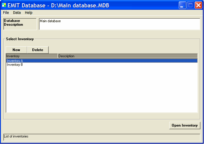 EMIT interface image: database screen