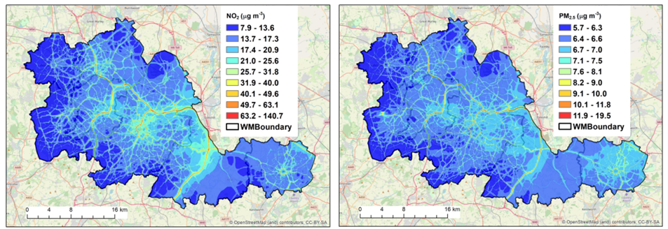 Image of West Midlands NO2 and PM2.5 concentration contours