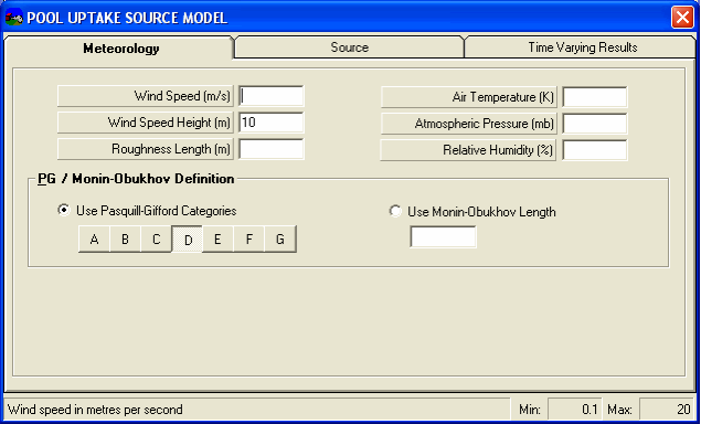 GASTAR interface image: pool uptake source model screen