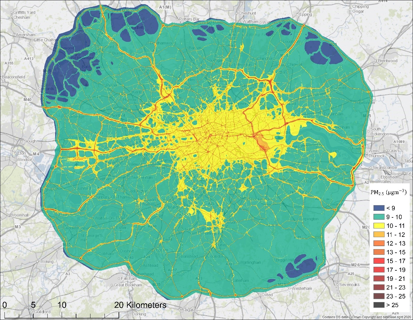 Image of London PM2.5 concentration for 2019, modelled by ADMS-Urban